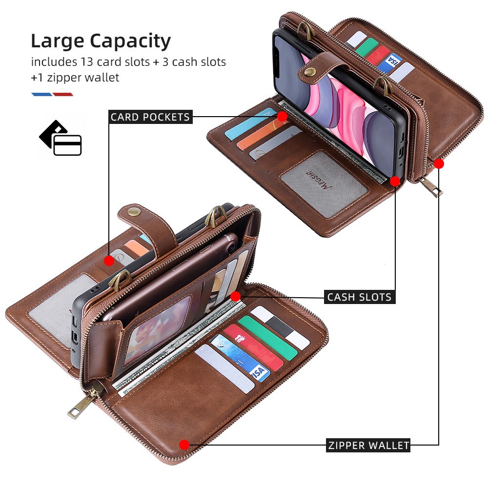 MEGSHI 020 Series Flip Cover Magnetic Detachable Design Shockproof PU Leather and TPU Wallet Case with Long Shoulder for iPhone 11 6.1 inch - Brown-8