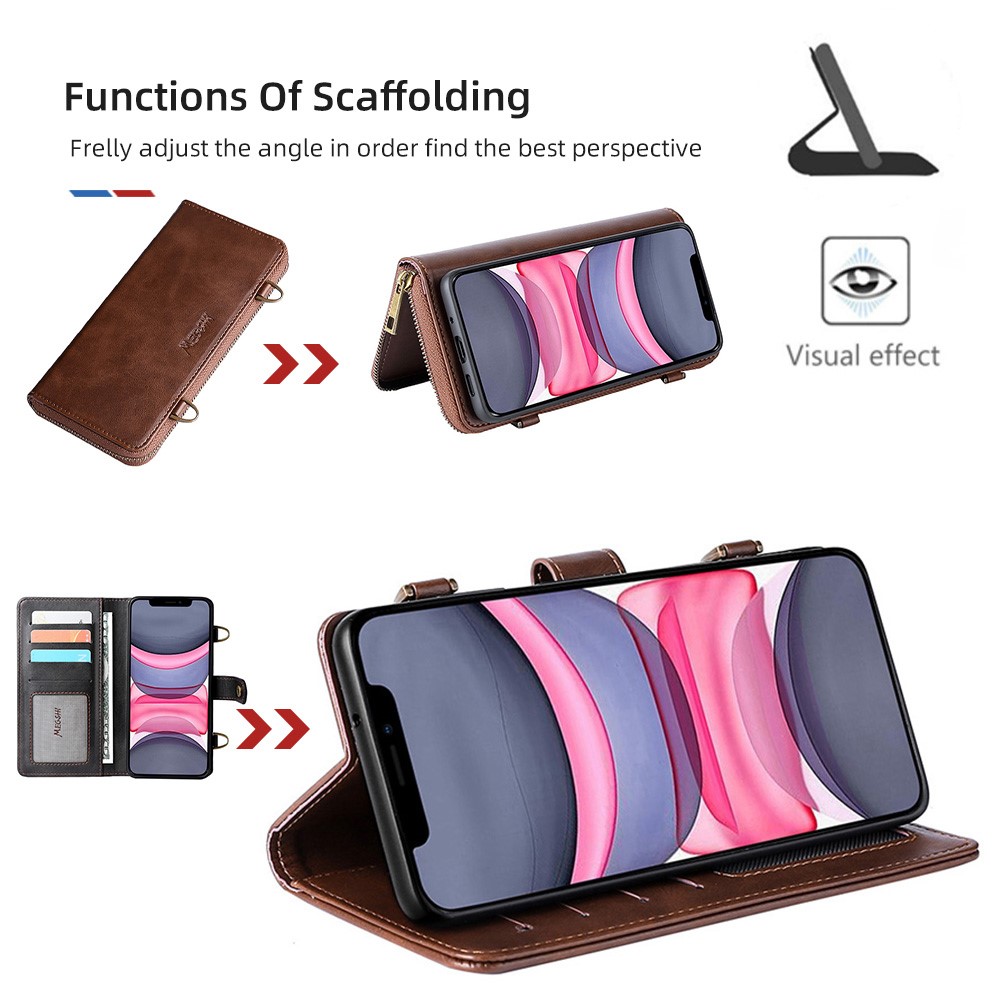 MEGSHI 020 Series Flip Cover Magnetic Detachable Design Shockproof PU Leather and TPU Wallet Case with Long Shoulder for iPhone 11 6.1 inch - Brown-9