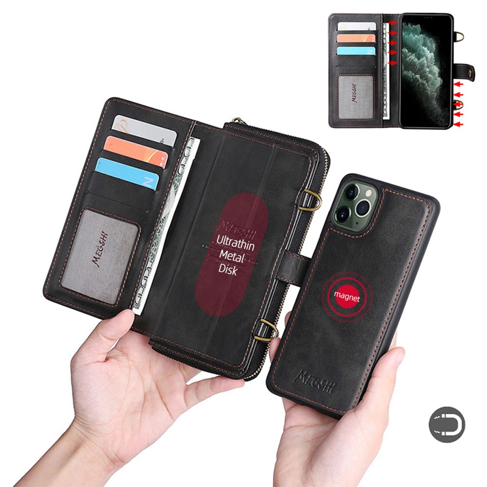 MEGSHI 020 Series Crossbody Carrying Phone Flip Case Magnetic Detachable Design Shockproof PU Leather and TPU Wallet for iPhone 11 Pro Max 6.5 inch - Red-4