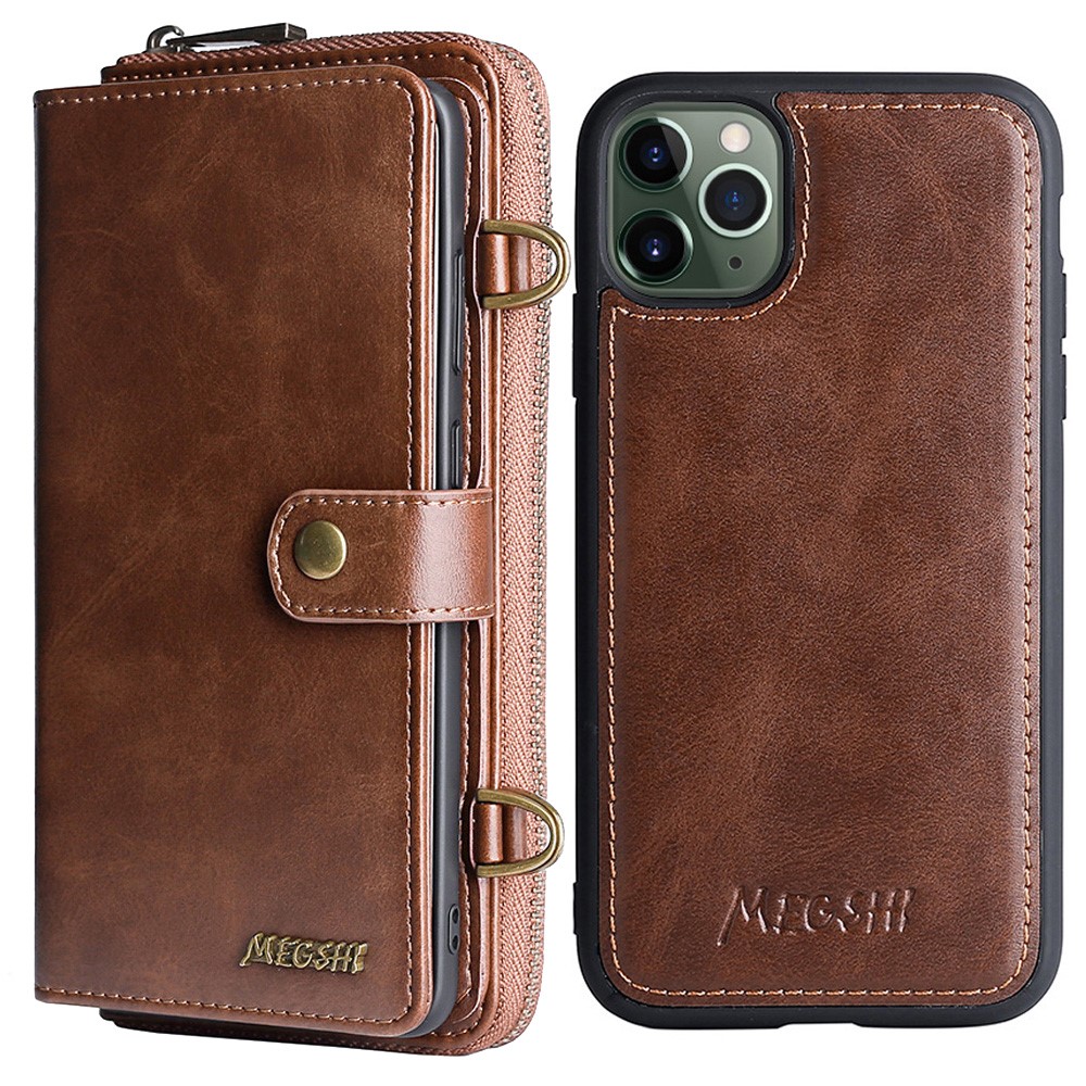 MEGSHI 020 Series Crossbody Carrying Phone Flip Case Magnetic Detachable Design Shockproof PU Leather and TPU Wallet for iPhone 11 Pro Max 6.5 inch - Brown