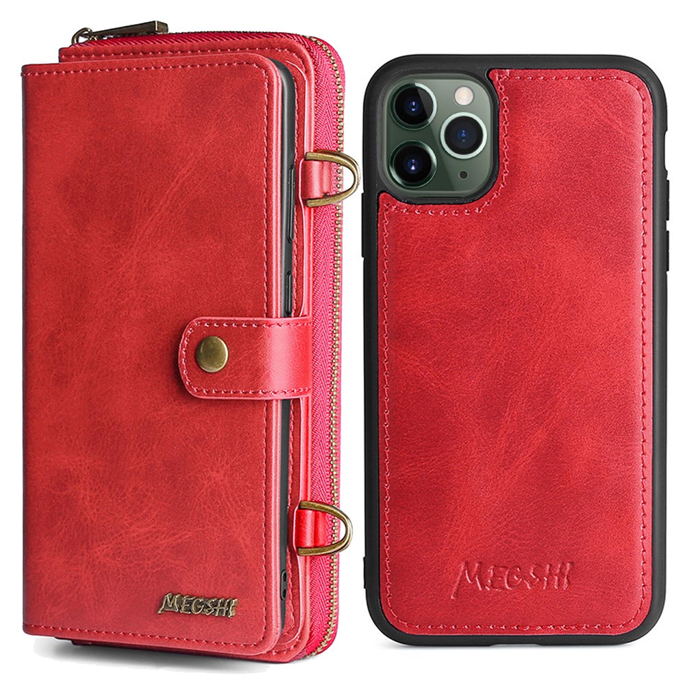 MEGSHI 020 Series Magnetic Detachable Design Scratch-resistant Shockproof PU Leather and TPU Wallet Cover Shoulder Bag for iPhone 11 Pro 5.8 inch - Red-1