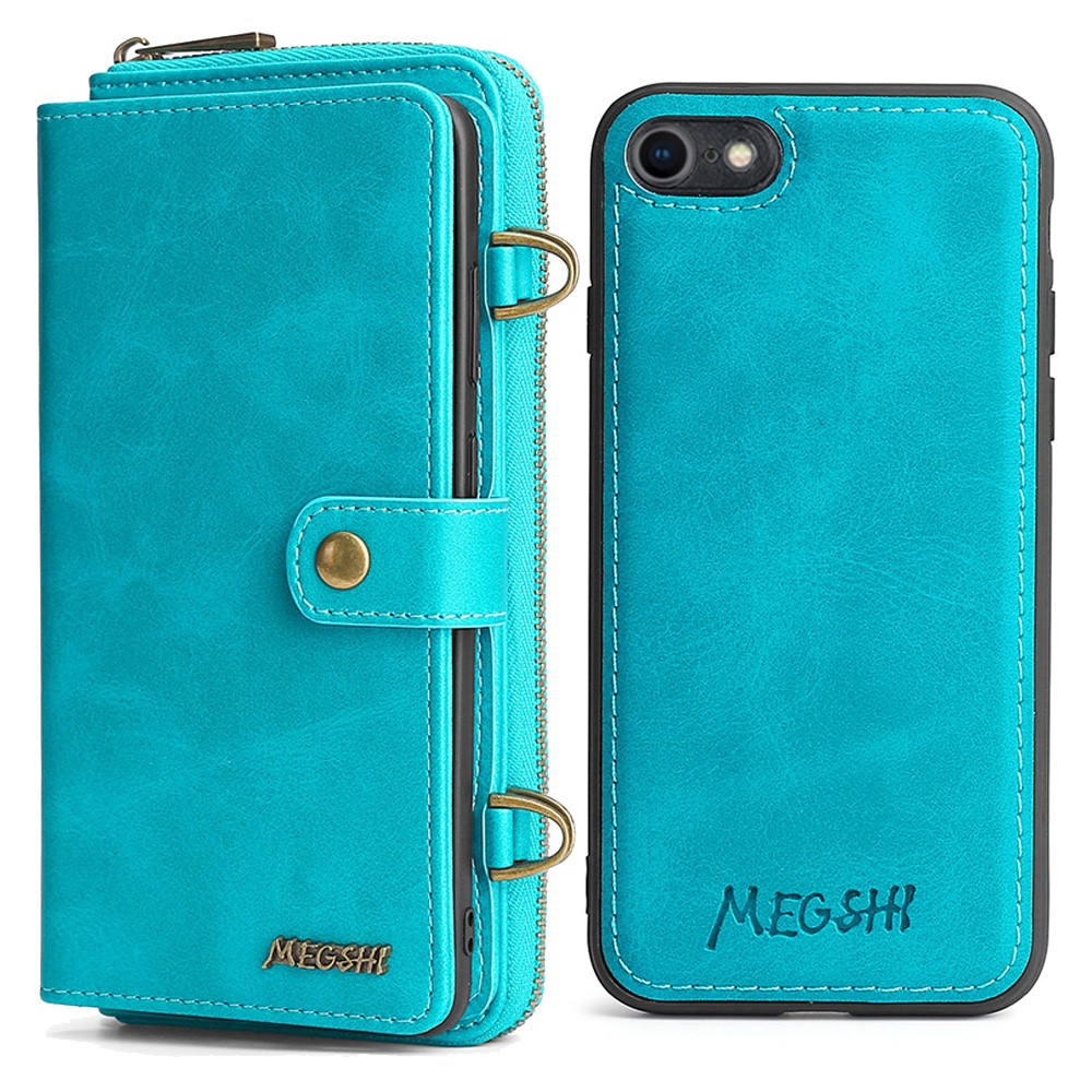 MEGSHI 020 Series Detachable 2-in-1 Scratch-resistant Magnetic Design Shockproof PU Leather and TPU Wallet Cover Shoulder Bag for iPhone 7/8/SE (2nd Generation) - Blue-1