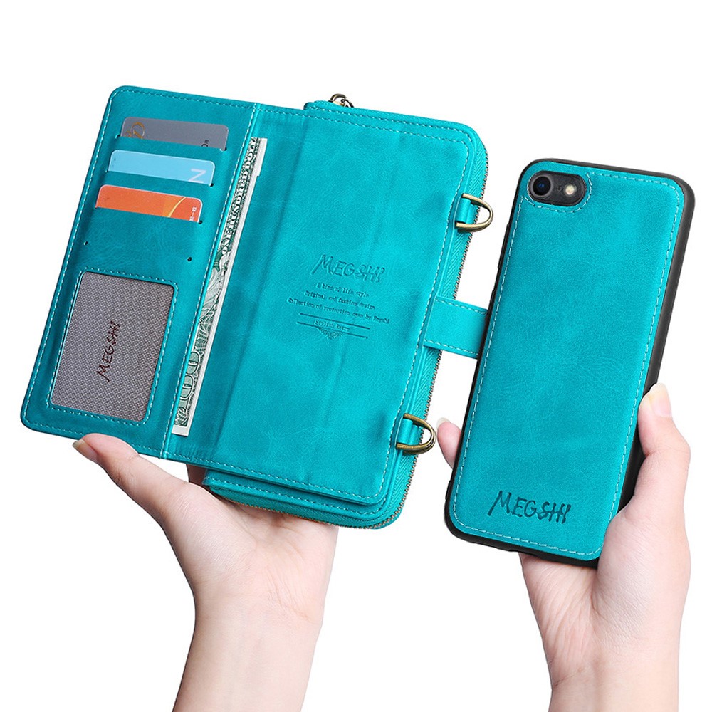MEGSHI 020 Series Detachable 2-in-1 Scratch-resistant Magnetic Design Shockproof PU Leather and TPU Wallet Cover Shoulder Bag for iPhone 7/8/SE (2nd Generation) - Blue-2