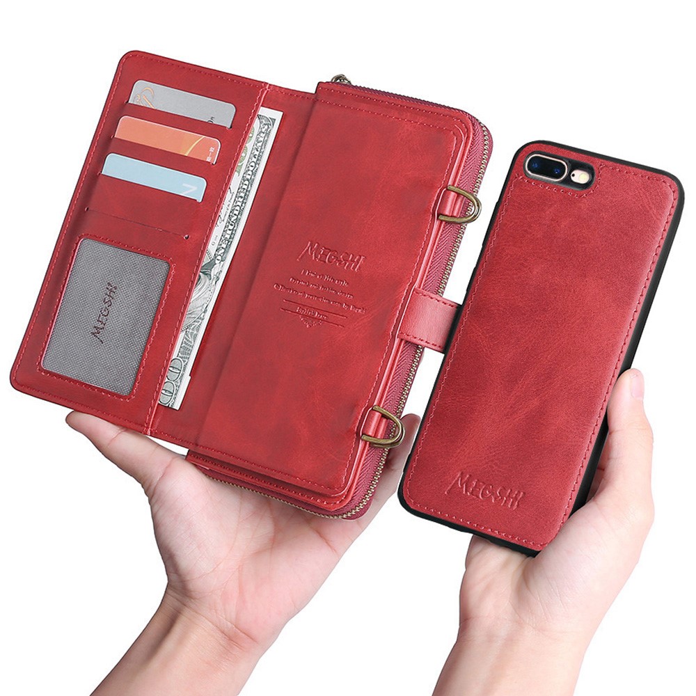 MEGSHI 020 Series PU Leather and TPU Flip Mobile Case Scratch-resistant Magnetic Detachable Design Shockproof Wallet Cover Shoulder Bag for iPhone 7 Plus/8 Plus - Red-2