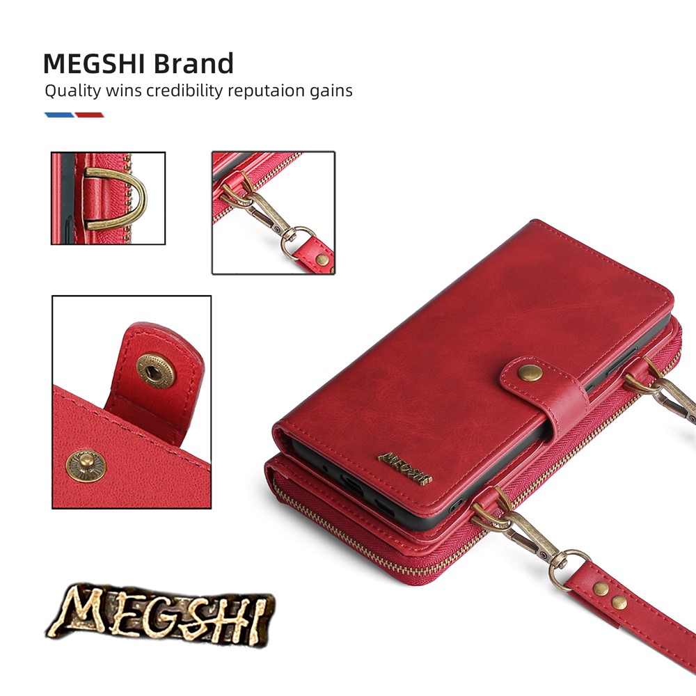 MEGSHI 020 Series PU Leather and TPU Flip Mobile Case Scratch-resistant Magnetic Detachable Design Shockproof Wallet Cover Shoulder Bag for iPhone 7 Plus/8 Plus - Red-3
