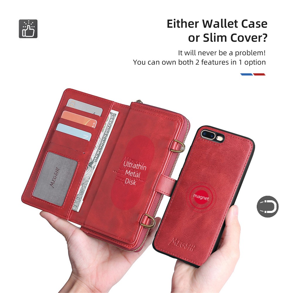 MEGSHI 020 Series PU Leather and TPU Flip Mobile Case Scratch-resistant Magnetic Detachable Design Shockproof Wallet Cover Shoulder Bag for iPhone 7 Plus/8 Plus - Red-4