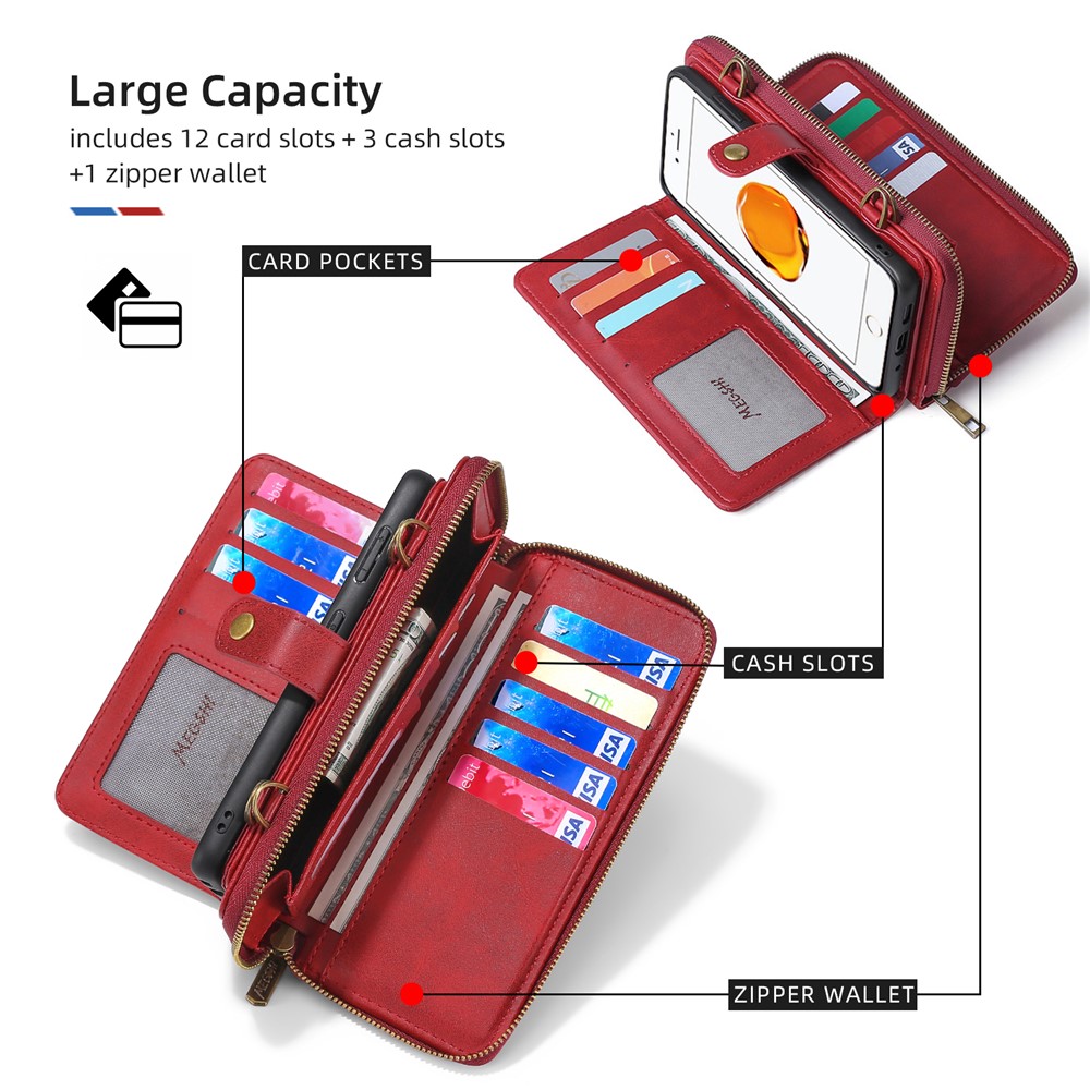 MEGSHI 020 Series PU Leather and TPU Flip Mobile Case Scratch-resistant Magnetic Detachable Design Shockproof Wallet Cover Shoulder Bag for iPhone 7 Plus/8 Plus - Red-5