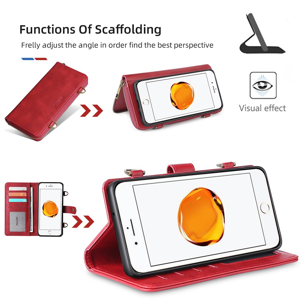 MEGSHI 020 Series PU Leather and TPU Flip Mobile Case Scratch-resistant Magnetic Detachable Design Shockproof Wallet Cover Shoulder Bag for iPhone 7 Plus/8 Plus - Red-6