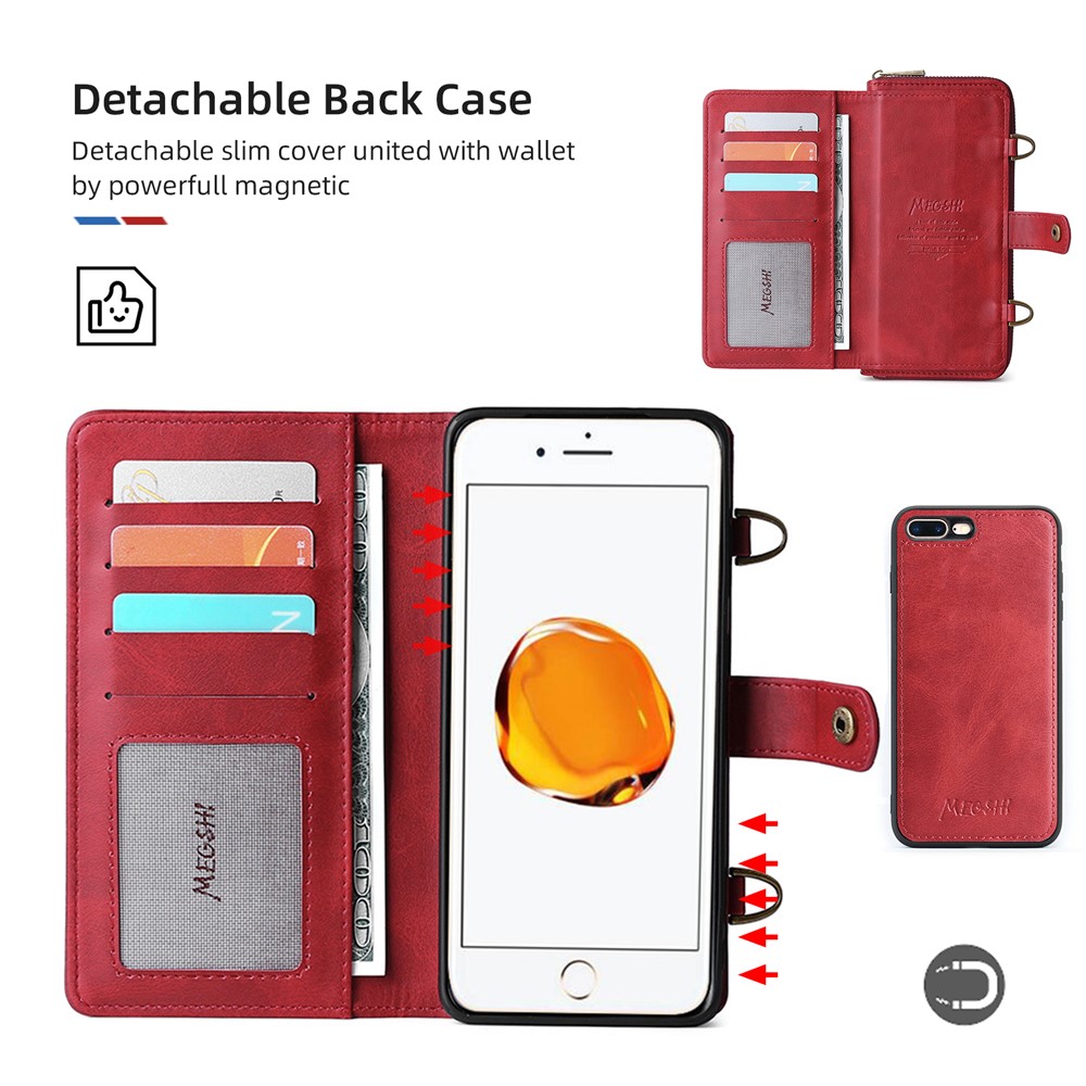 MEGSHI 020 Series PU Leather and TPU Flip Mobile Case Scratch-resistant Magnetic Detachable Design Shockproof Wallet Cover Shoulder Bag for iPhone 7 Plus/8 Plus - Red-7