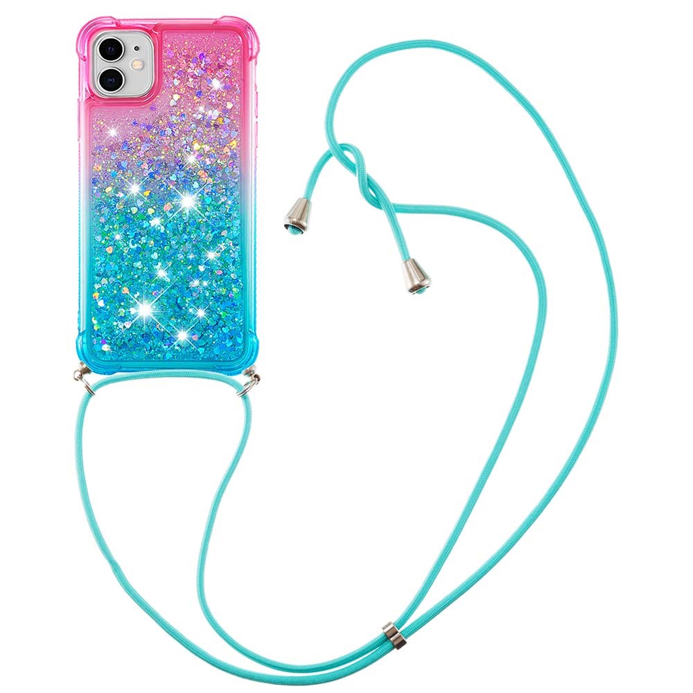 For iPhone 11 6.1 inch Anti-scratch Soft TPU Case Liquid Glitter Gradient Quicksand Sparkle Protective Cover with Lanyard - Pink/Sky Blue-1