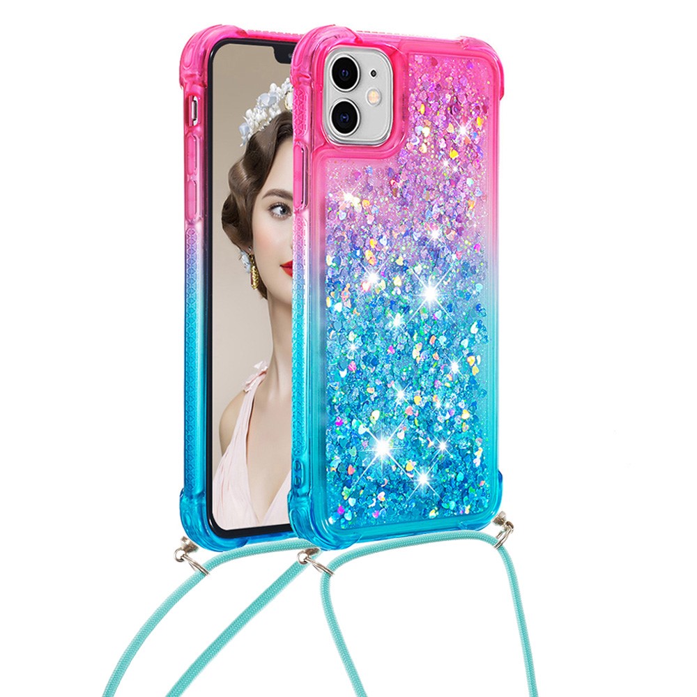 For iPhone 11 6.1 inch Anti-scratch Soft TPU Case Liquid Glitter Gradient Quicksand Sparkle Protective Cover with Lanyard - Pink/Sky Blue-2