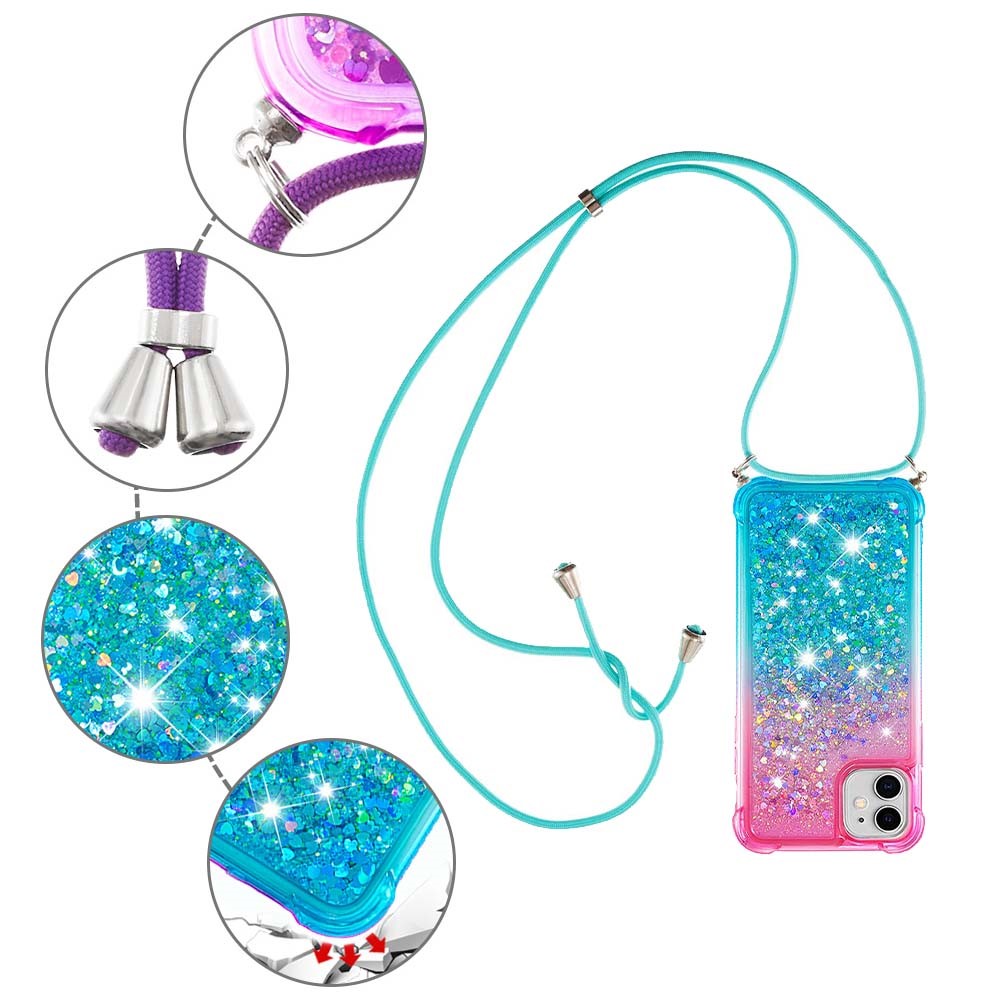 For iPhone 11 6.1 inch Anti-scratch Soft TPU Case Liquid Glitter Gradient Quicksand Sparkle Protective Cover with Lanyard - Pink/Sky Blue-4