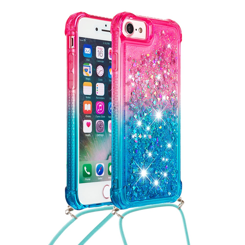 Soft TPU Stylish Anti-fall Case Liquid Glitter Gradient Quicksand Sparkle Phone Cover with Lanyard for iPhone 6/6s/7/8 4.7-inch/SE (2nd Generation) - Pink/Sky Blue-2