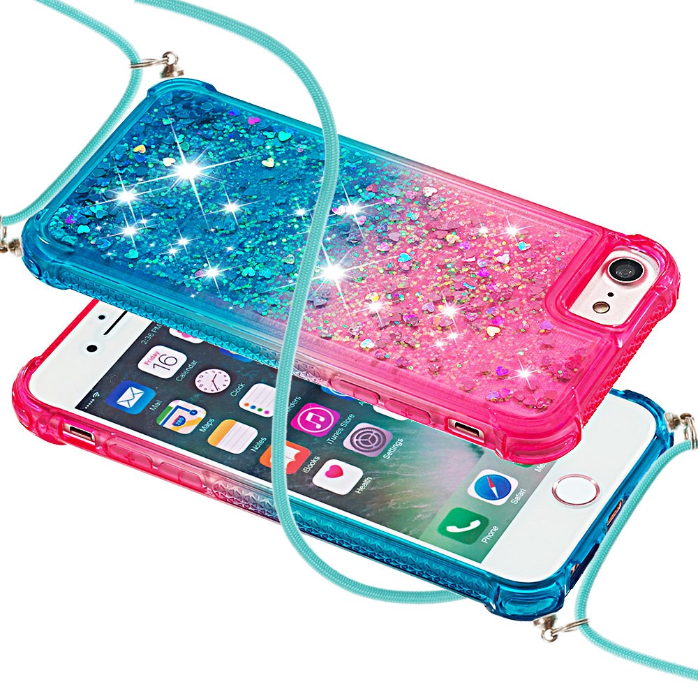 Soft TPU Stylish Anti-fall Case Liquid Glitter Gradient Quicksand Sparkle Phone Cover with Lanyard for iPhone 6/6s/7/8 4.7-inch/SE (2nd Generation) - Pink/Sky Blue-3
