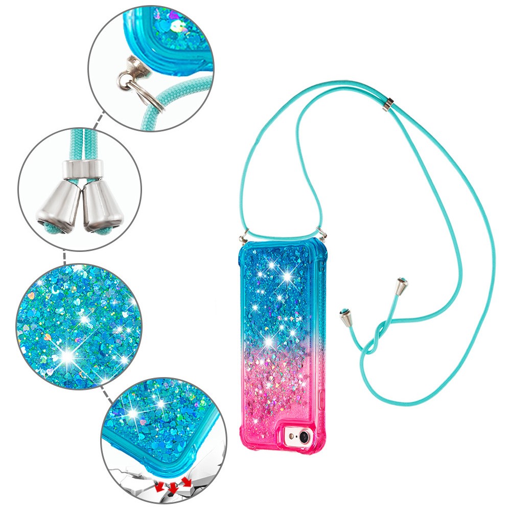 Soft TPU Stylish Anti-fall Case Liquid Glitter Gradient Quicksand Sparkle Phone Cover with Lanyard for iPhone 6/6s/7/8 4.7-inch/SE (2nd Generation) - Pink/Sky Blue-5