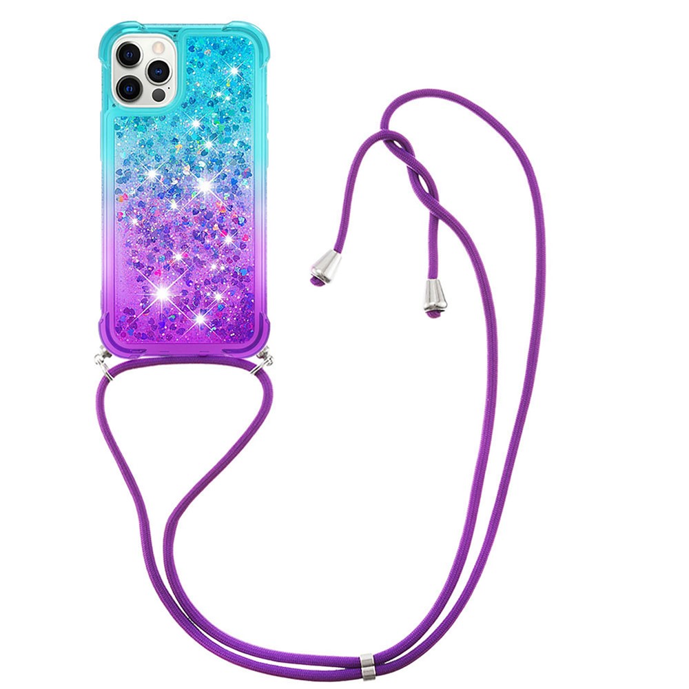 Gradient Quicksand Series Lanyard Design Stylish Flowing Liquid TPU Anti-shock Protective Case Cover for iPhone 12 Pro 6.1 inch - Sky Blue/Purple-1