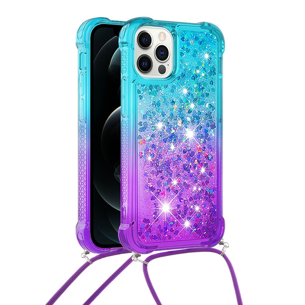Gradient Quicksand Series Lanyard Design Stylish Flowing Liquid TPU Anti-shock Protective Case Cover for iPhone 12 Pro 6.1 inch - Sky Blue/Purple-2