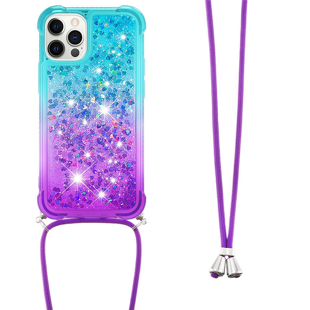 Gradient Quicksand Series Lanyard Design Stylish Flowing Liquid TPU Anti-shock Protective Case Cover for iPhone 12 Pro 6.1 inch - Sky Blue/Purple-3