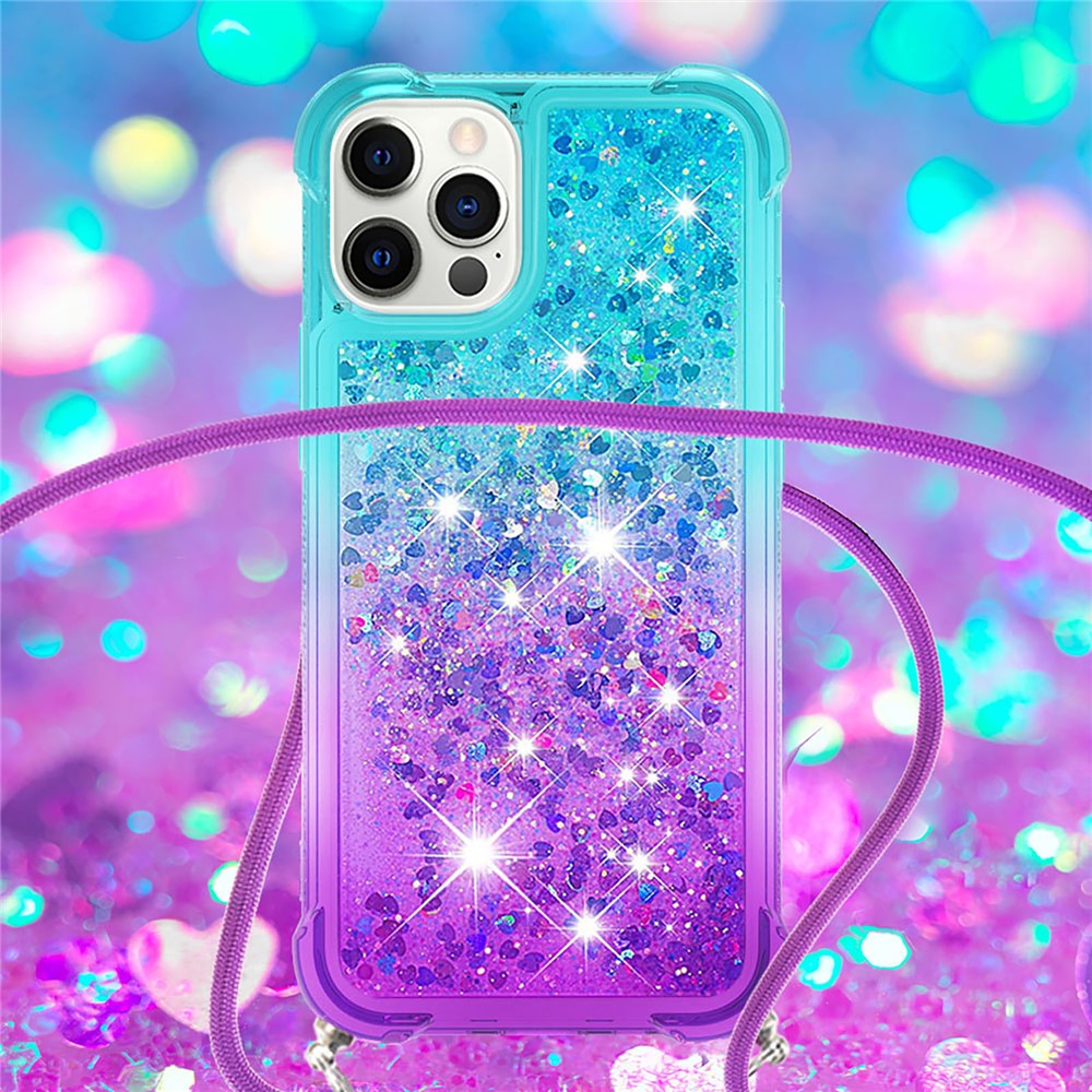 Gradient Quicksand Series Lanyard Design Stylish Flowing Liquid TPU Anti-shock Protective Case Cover for iPhone 12 Pro 6.1 inch - Sky Blue/Purple-4