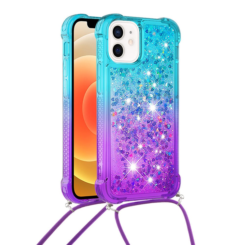 Gradient Quicksand Series Lanyard Design Flowing Liquid TPU Soft Scratch-resistant Protective Case Shell for iPhone 12 6.1 inch - Sky Blue/Purple-2