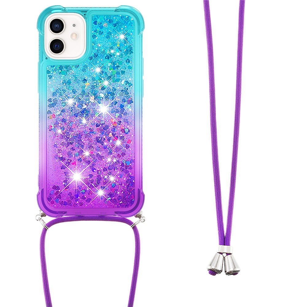 Gradient Quicksand Series Lanyard Design Flowing Liquid TPU Soft Scratch-resistant Protective Case Shell for iPhone 12 6.1 inch - Sky Blue/Purple-3