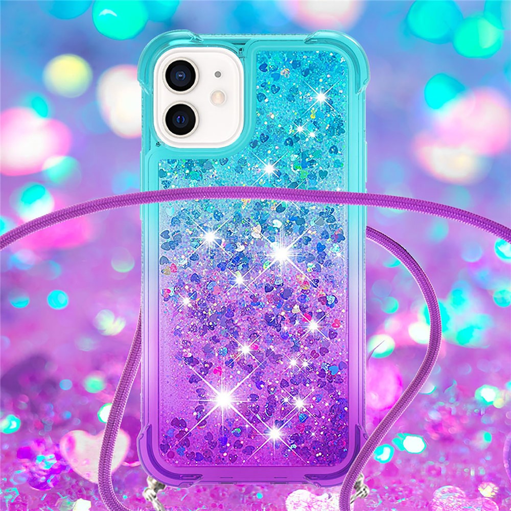 Gradient Quicksand Series Lanyard Design Flowing Liquid TPU Soft Scratch-resistant Protective Case Shell for iPhone 12 6.1 inch - Sky Blue/Purple-4