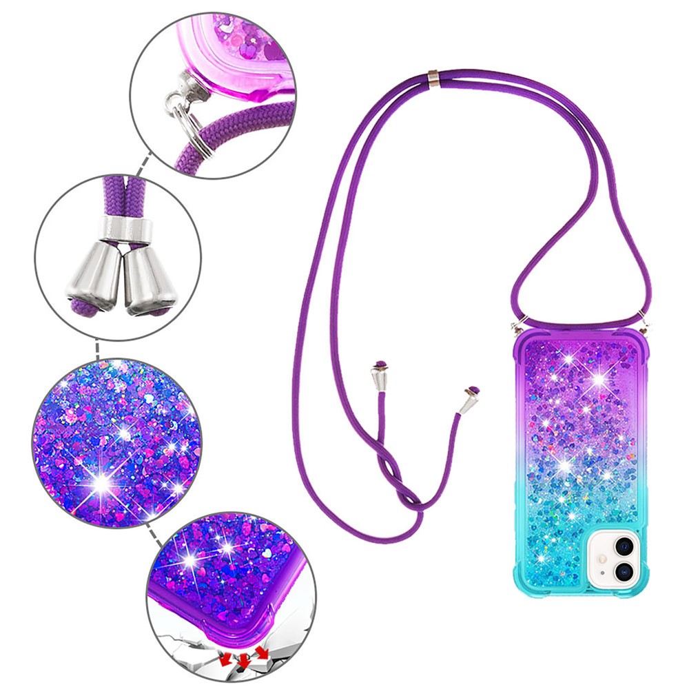 Gradient Quicksand Series Lanyard Design Flowing Liquid TPU Soft Scratch-resistant Protective Case Shell for iPhone 12 6.1 inch - Sky Blue/Purple-5