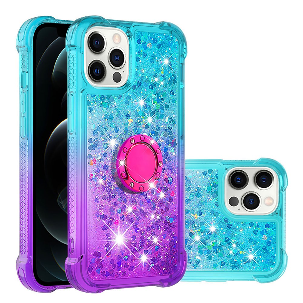 Gradient Soft TPU Phone Back Cover Quicksand Ring Kickstand Design Phone Case for iPhone 12 Pro Max 6.7 inch - Sky Blue/Purple-7