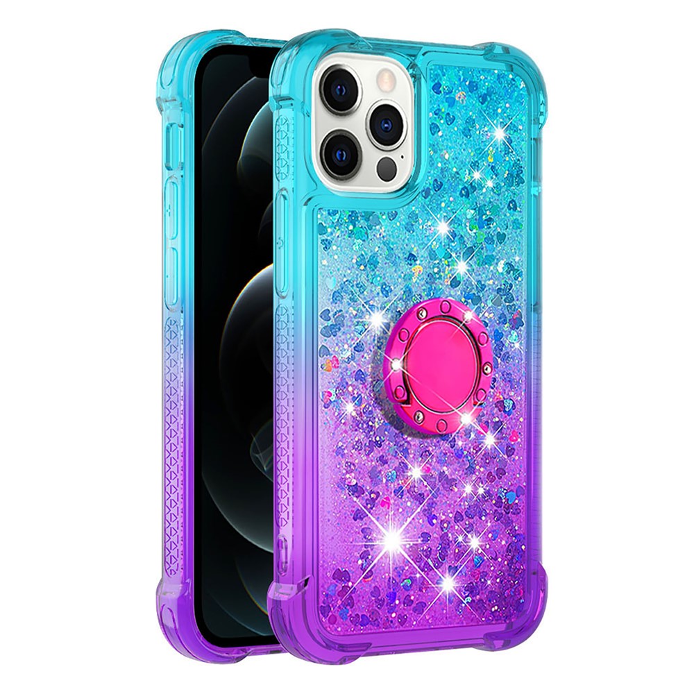 Ring Kickstand Design Phone Case Anti-fall Stylish Quicksand Flowing Liquid Glitter Soft TPU Gradient Shell for iPhone 12/12 Pro 6.1 inch - Sky Blue/Purple-1