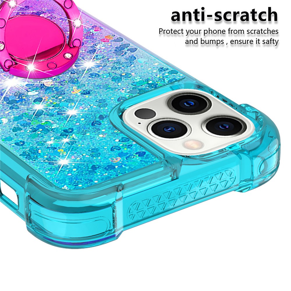 Ring Kickstand Design Phone Case Anti-fall Stylish Quicksand Flowing Liquid Glitter Soft TPU Gradient Shell for iPhone 12/12 Pro 6.1 inch - Sky Blue/Purple-3