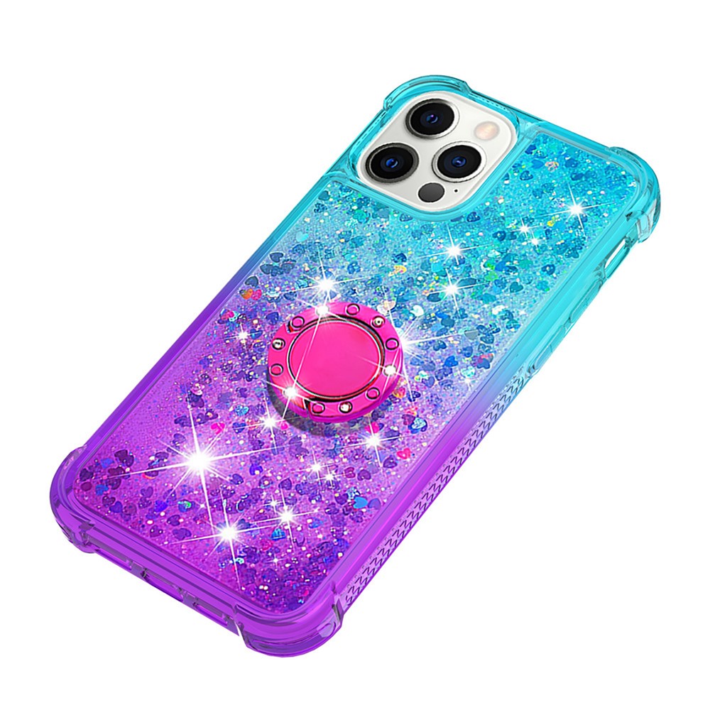 Ring Kickstand Design Phone Case Anti-fall Stylish Quicksand Flowing Liquid Glitter Soft TPU Gradient Shell for iPhone 12/12 Pro 6.1 inch - Sky Blue/Purple-5