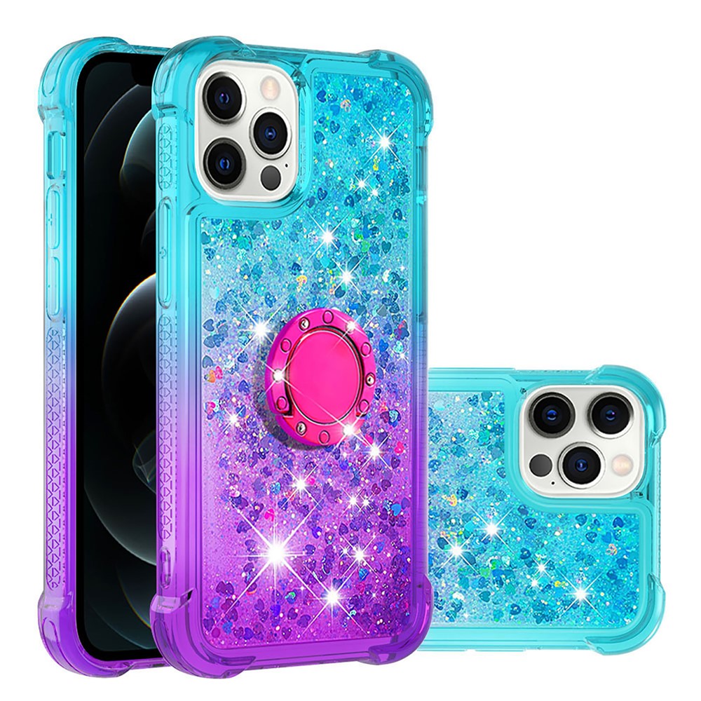 Ring Kickstand Design Phone Case Anti-fall Stylish Quicksand Flowing Liquid Glitter Soft TPU Gradient Shell for iPhone 12/12 Pro 6.1 inch - Sky Blue/Purple-7