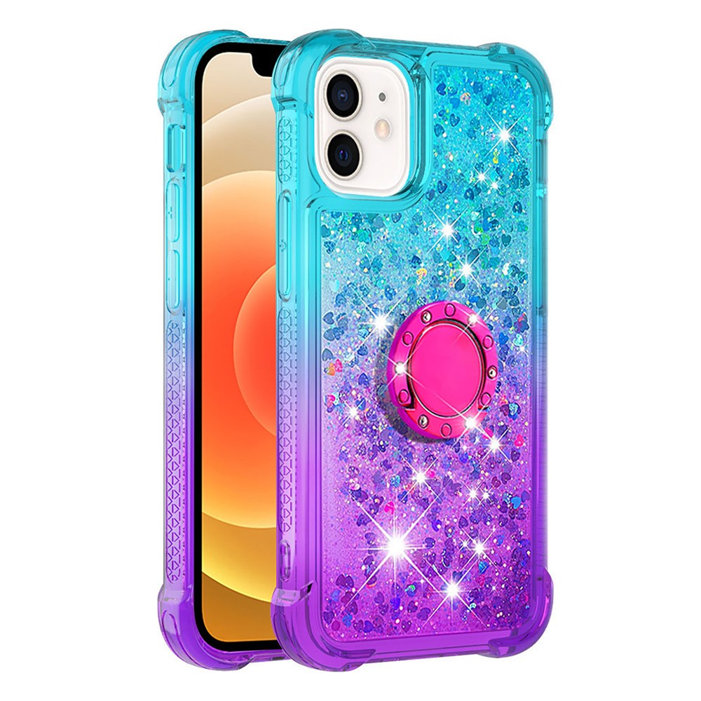 Ring Kickstand Design Phone Case Quicksand Flowing Liquid Glitter Soft TPU Gradient Cover for iPhone 12 mini 5.4 inch - Sky Blue/Purple-1