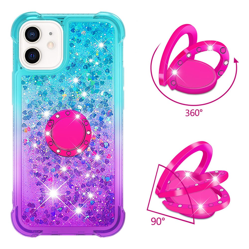 Ring Kickstand Design Phone Case Quicksand Flowing Liquid Glitter Soft TPU Gradient Cover for iPhone 12 mini 5.4 inch - Sky Blue/Purple-2