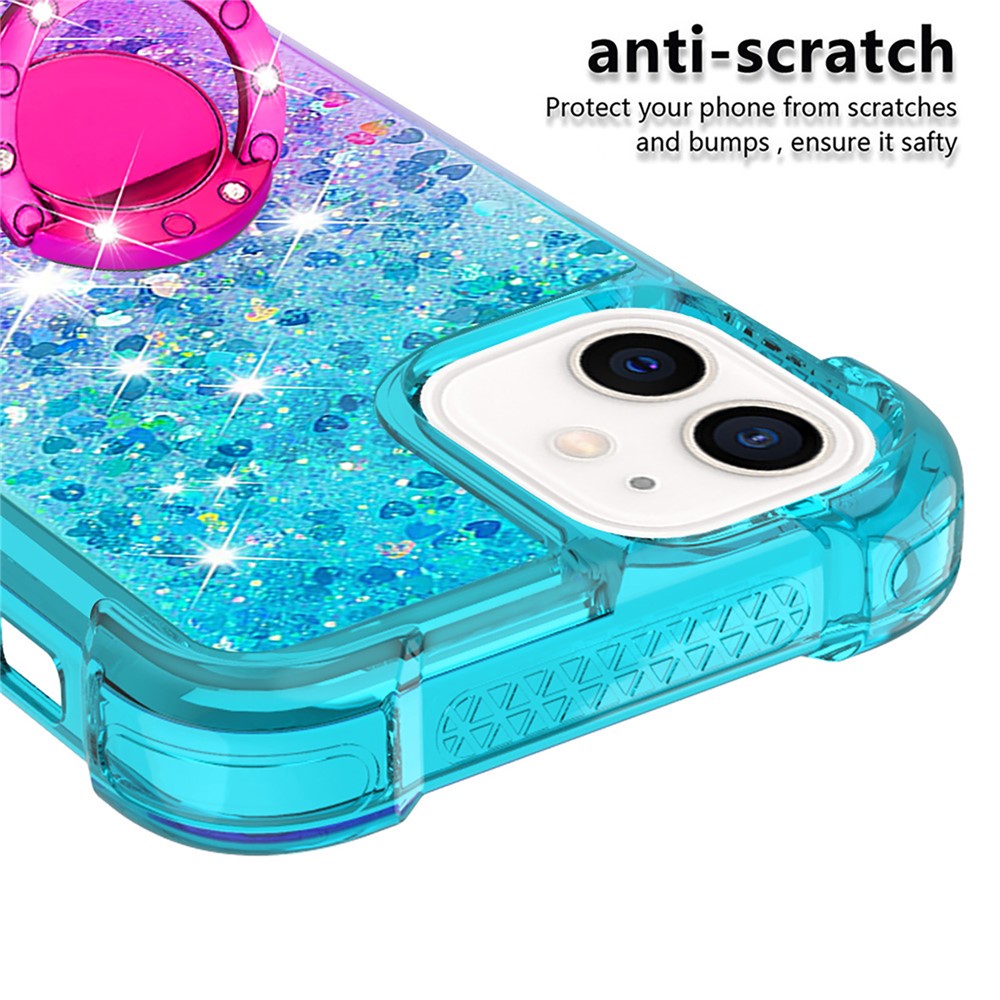Ring Kickstand Design Phone Case Quicksand Flowing Liquid Glitter Soft TPU Gradient Cover for iPhone 12 mini 5.4 inch - Sky Blue/Purple-3
