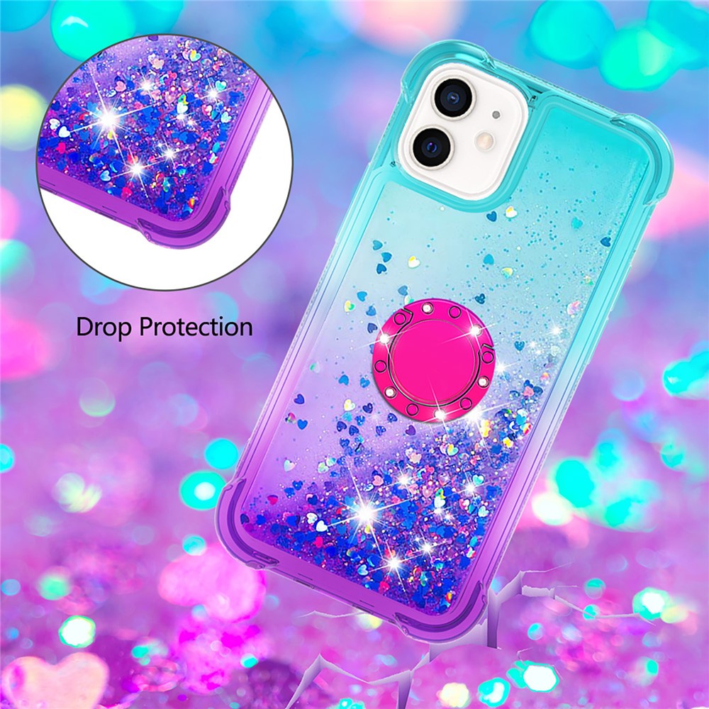 Ring Kickstand Design Phone Case Quicksand Flowing Liquid Glitter Soft TPU Gradient Cover for iPhone 12 mini 5.4 inch - Sky Blue/Purple-4