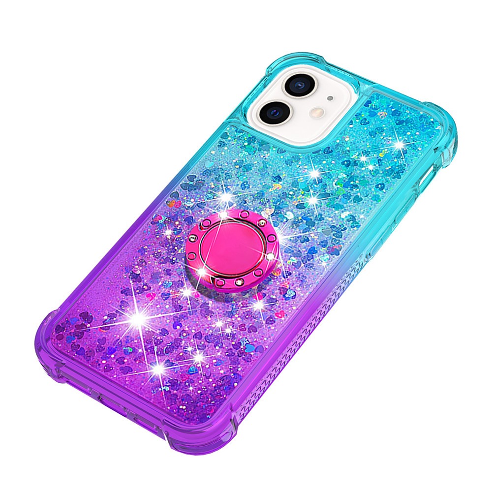 Ring Kickstand Design Phone Case Quicksand Flowing Liquid Glitter Soft TPU Gradient Cover for iPhone 12 mini 5.4 inch - Sky Blue/Purple-5