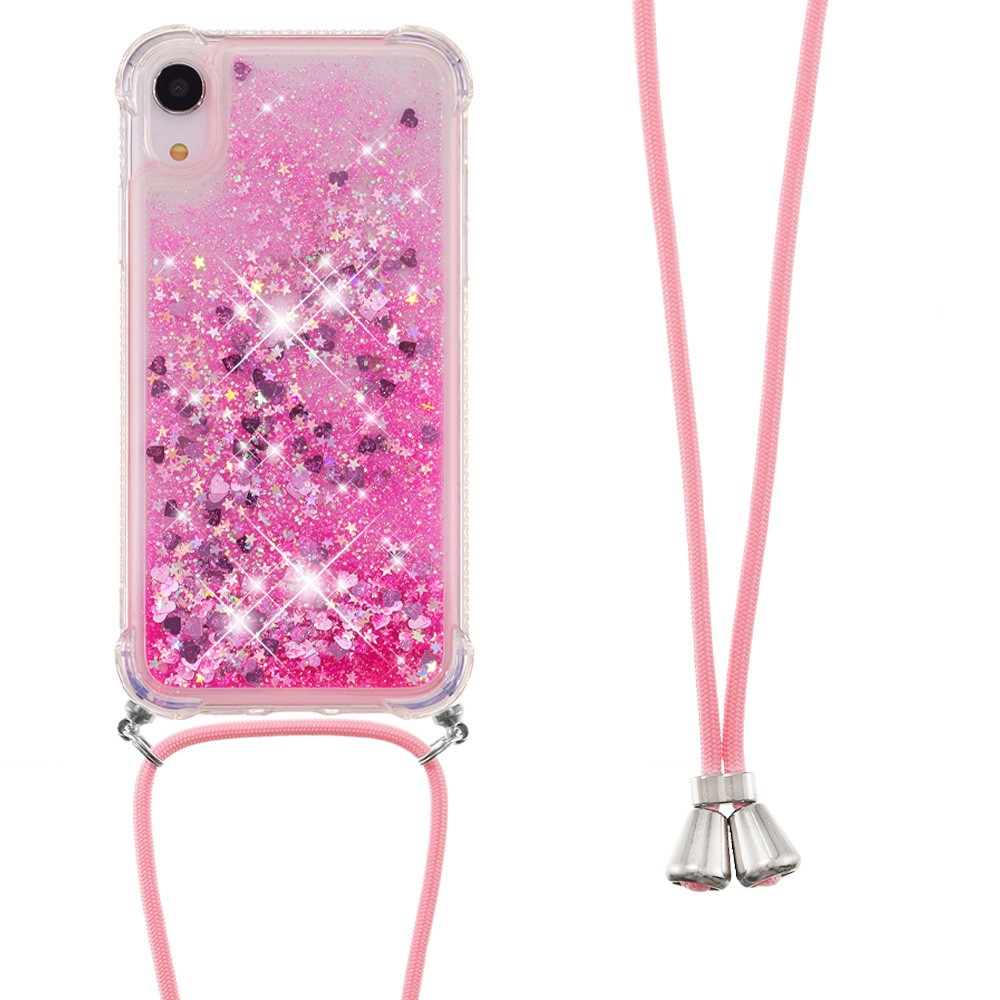 Glitter Quicksand Soft TPU Phone Case with Hands-free Lanyard for iPhone XR 6.1 inch - Pink Hearts-2