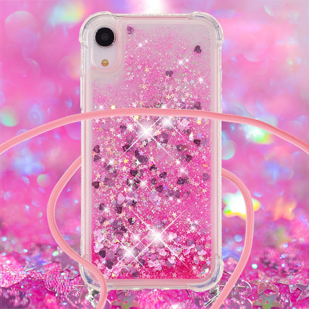 Glitter Quicksand Soft TPU Phone Case with Hands-free Lanyard for iPhone XR 6.1 inch - Pink Hearts-3