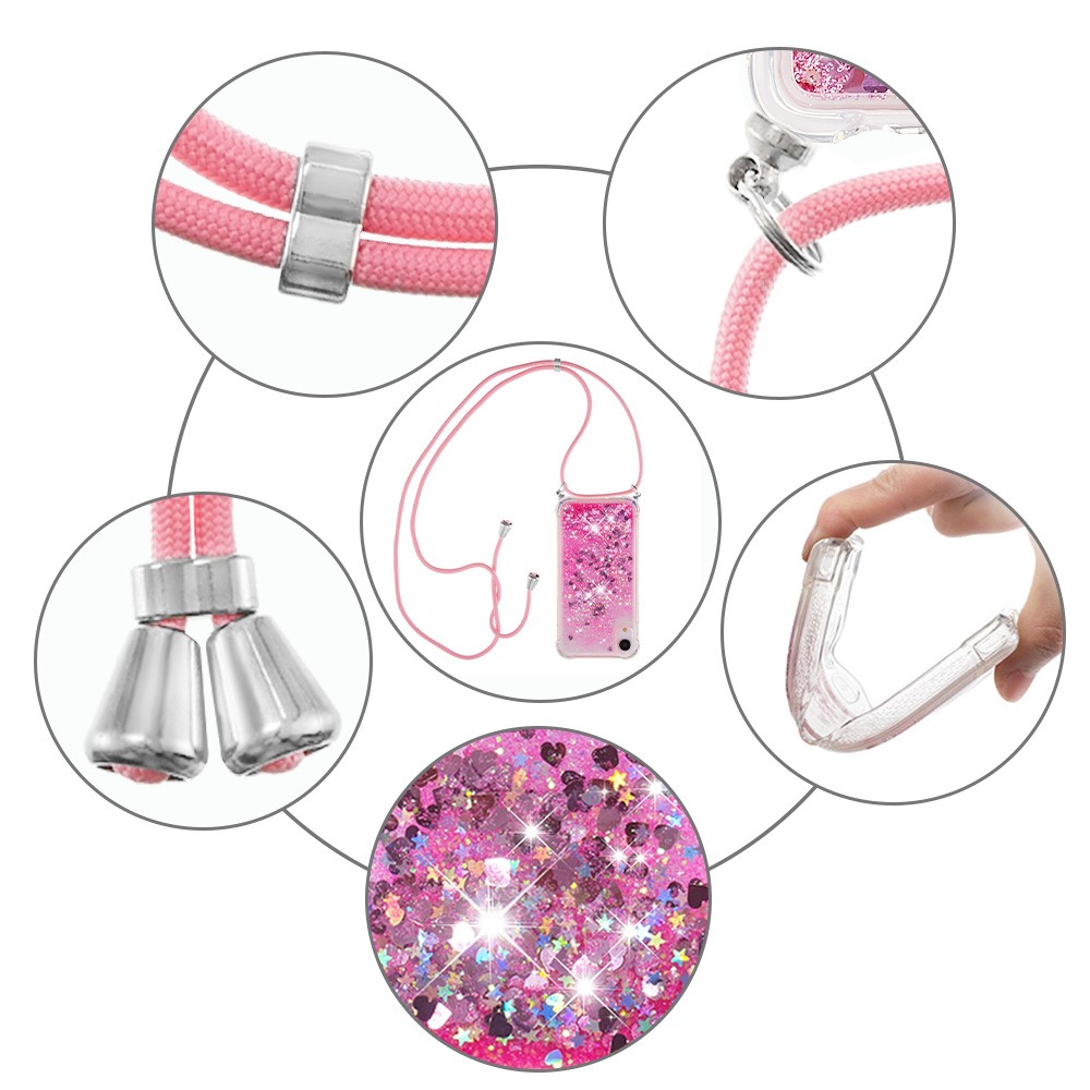 Glitter Quicksand Soft TPU Phone Case with Hands-free Lanyard for iPhone XR 6.1 inch - Pink Hearts-4