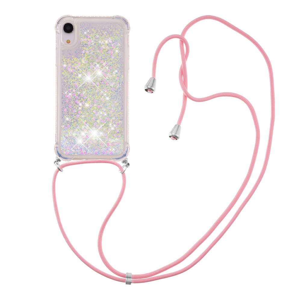 Glitter Quicksand Soft TPU Phone Case with Hands-free Lanyard for iPhone XR 6.1 inch - Shiny Hearts