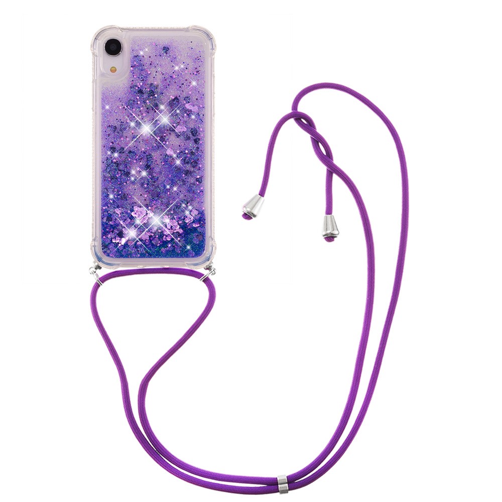 Glitter Quicksand Soft TPU Phone Case with Hands-free Lanyard for iPhone XR 6.1 inch - Dark Purple Hearts