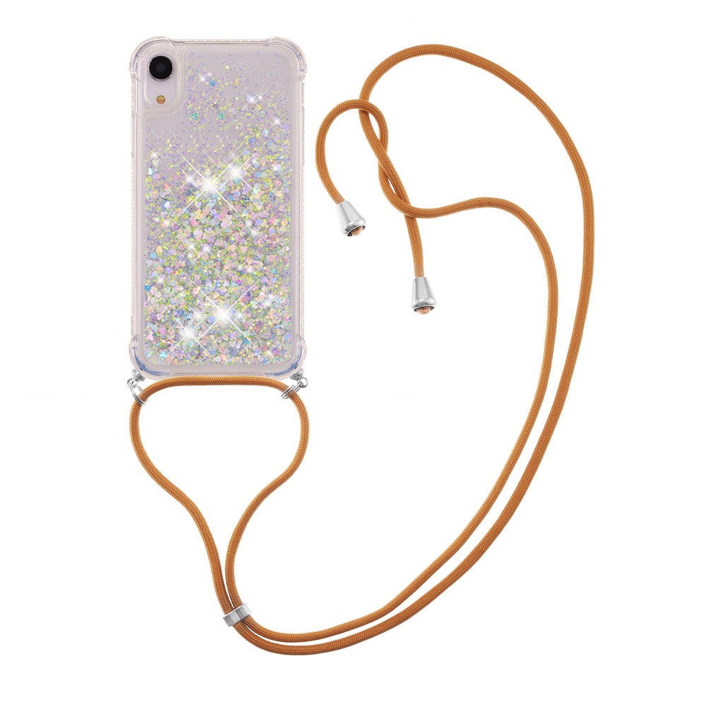 Glitter Quicksand Soft TPU Phone Case with Hands-free Lanyard for iPhone XR 6.1 inch - Silver Hearts