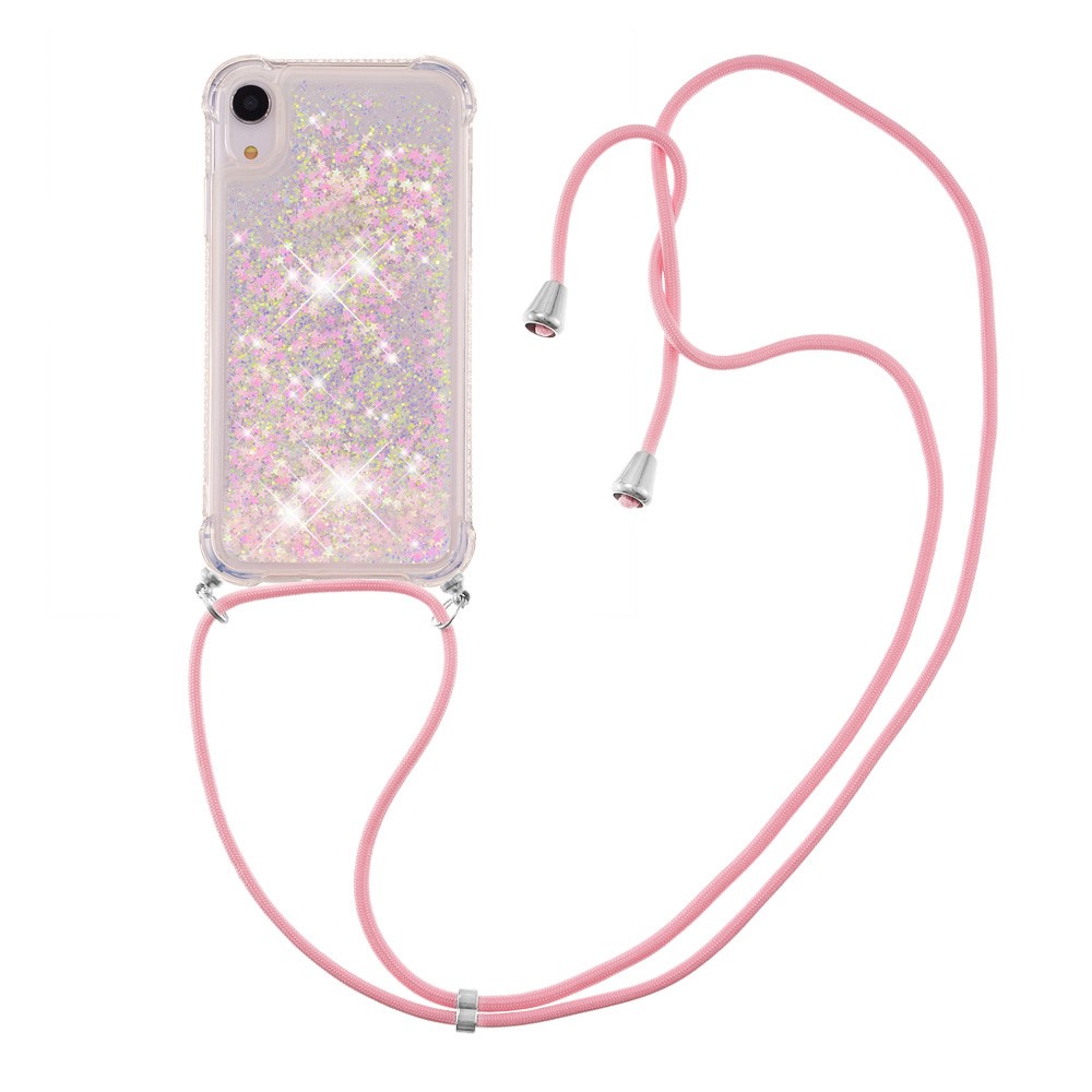 Glitter Quicksand Soft TPU Phone Case with Hands-free Lanyard for iPhone XR 6.1 inch - Silver Pink Stars