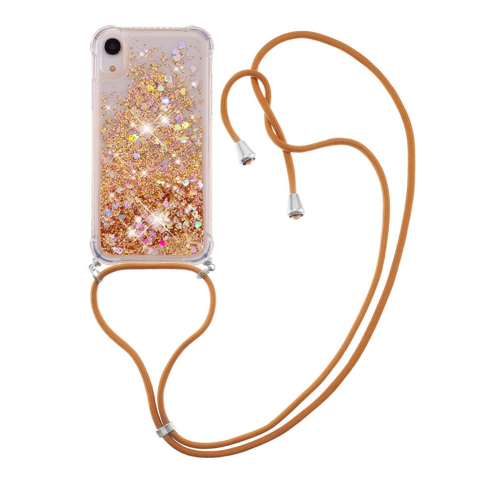 Glitter Quicksand Soft TPU Phone Case with Hands-free Lanyard for iPhone XR 6.1 inch - Diamond Gold Hearts