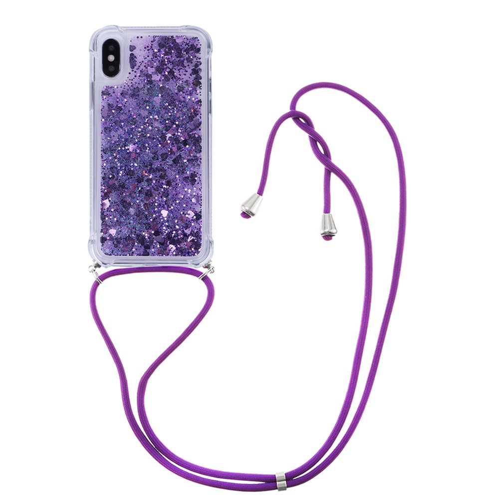 Glitter Quicksand Soft TPU Phone Case with Anti-lost Lanyard for iPhone X/XS - Dark Purple Hearts-1