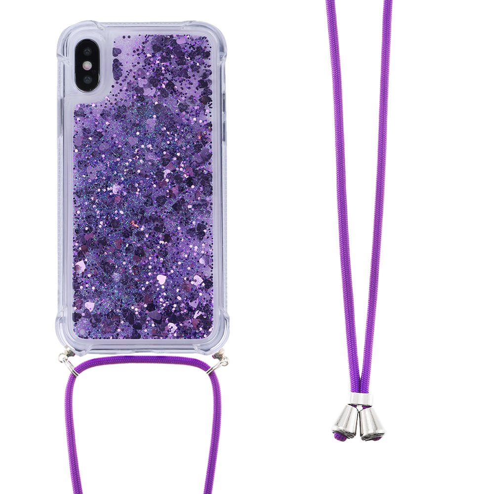 Glitter Quicksand Soft TPU Phone Case with Anti-lost Lanyard for iPhone X/XS - Dark Purple Hearts-2