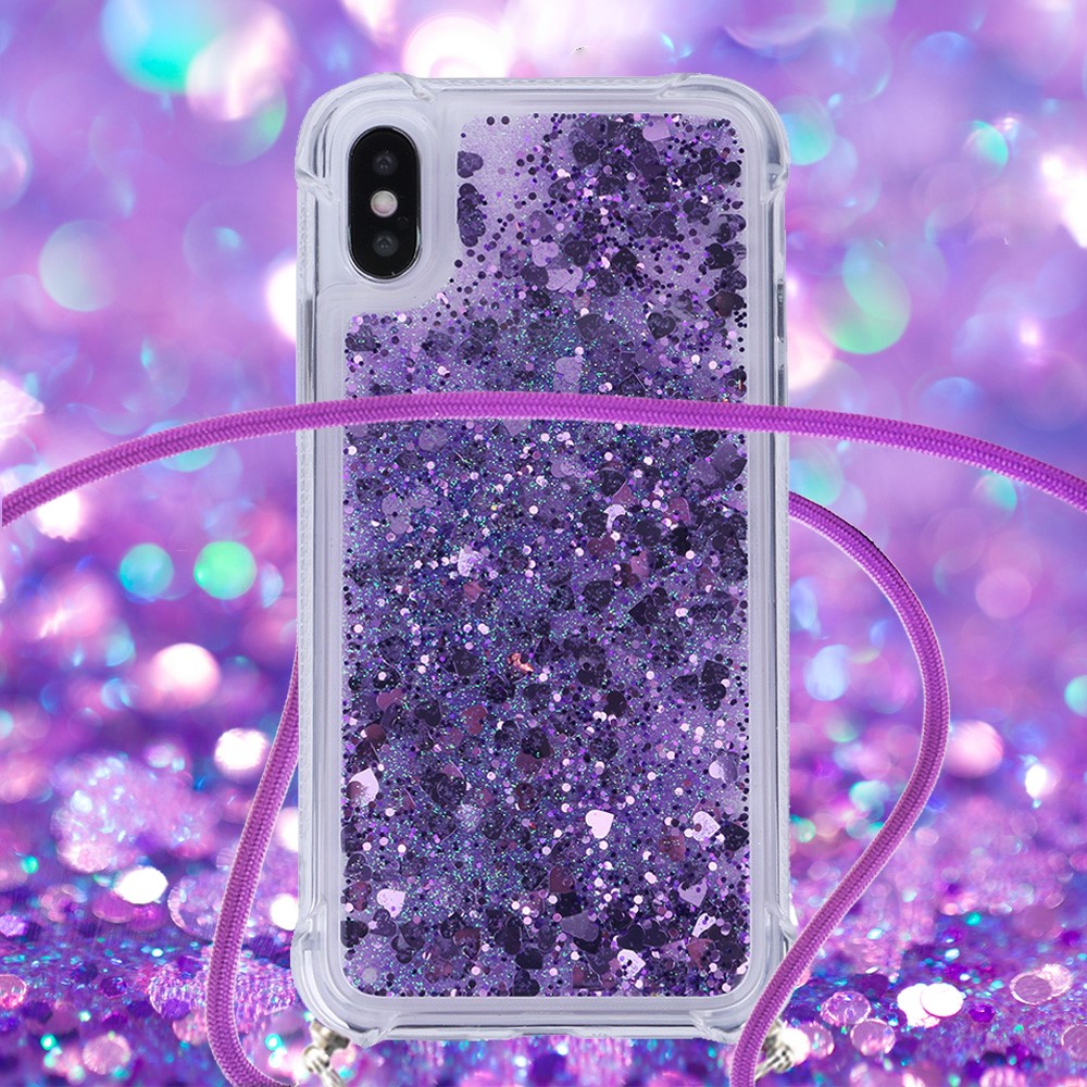 Glitter Quicksand Soft TPU Phone Case with Anti-lost Lanyard for iPhone X/XS - Dark Purple Hearts-3