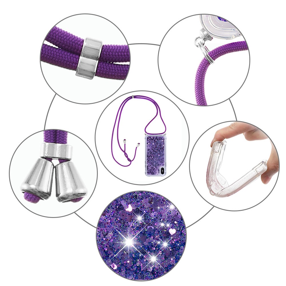 Glitter Quicksand Soft TPU Phone Case with Anti-lost Lanyard for iPhone X/XS - Dark Purple Hearts-4