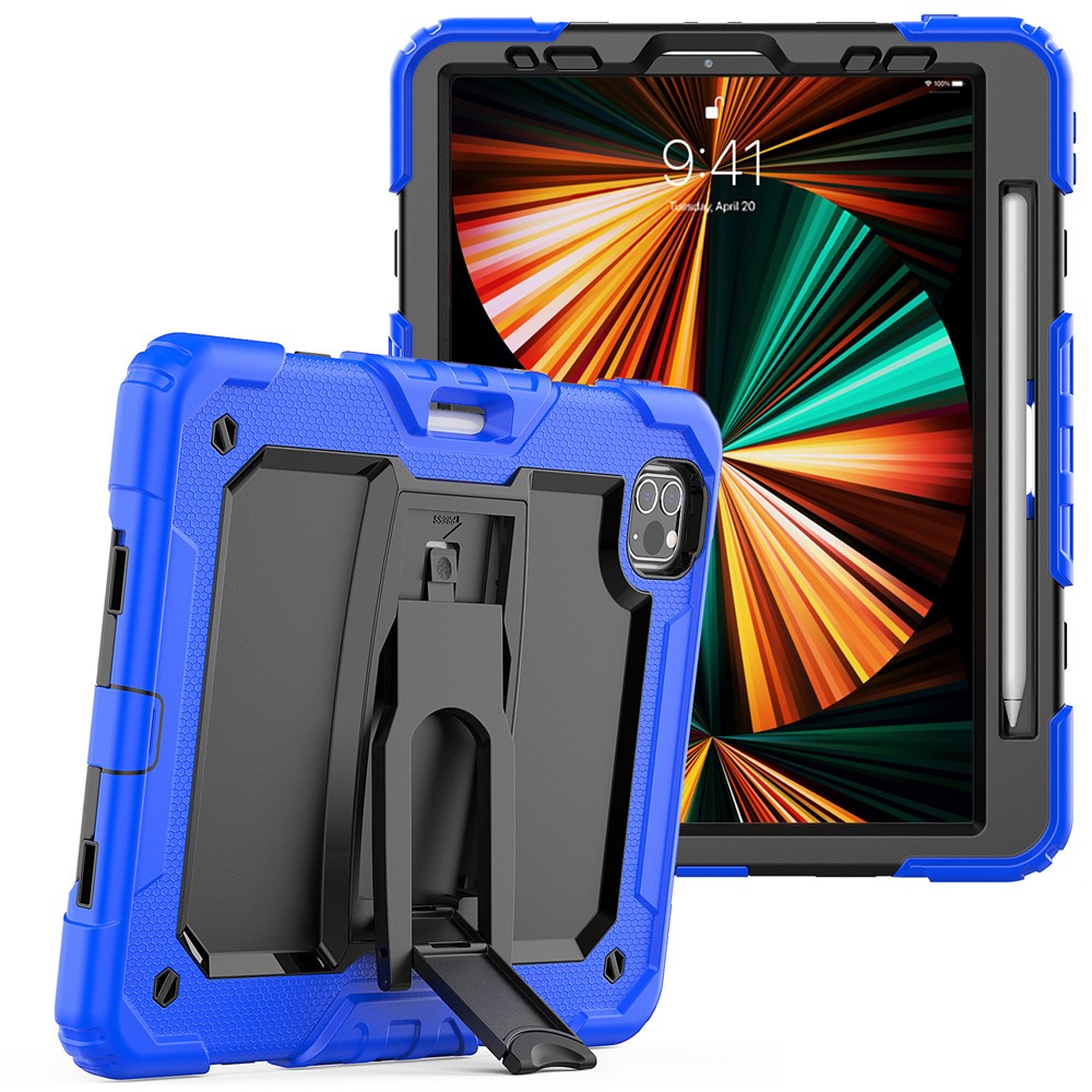 Thickened Silicone + PC Well-protected Tablet Case Kickstand Cover with Shoulder Strap for iPad Pro 11 (2022) /  (2021) / (2020) / (2018) - Black / Blue
